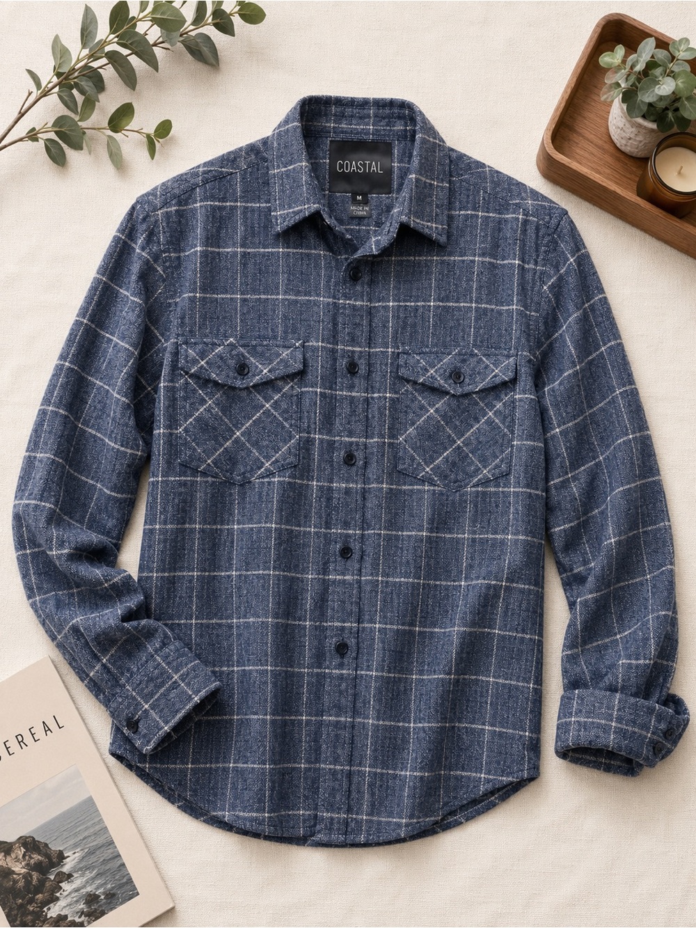 Coastal Men’s Blue Windowpane Flannel Button-Up Shirt Medium Long Sleeve